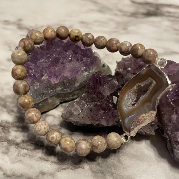 Handmade Druzy Agate Slice Stretch Bracelet Natural Agate Maifanite Beads - Picture 4 of 5